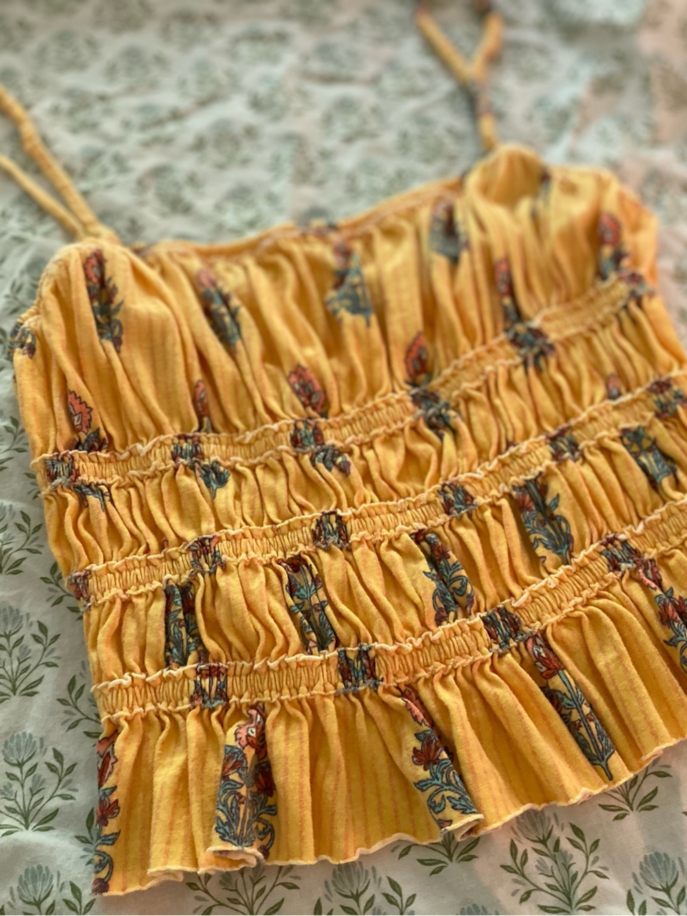 Free People Smocked Tank Top with Floral Trim